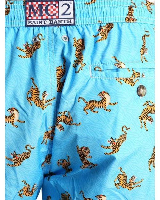 Mc2 Saint Barth Blue Lighting Tiger-Print Drawstring Swim Shorts for men