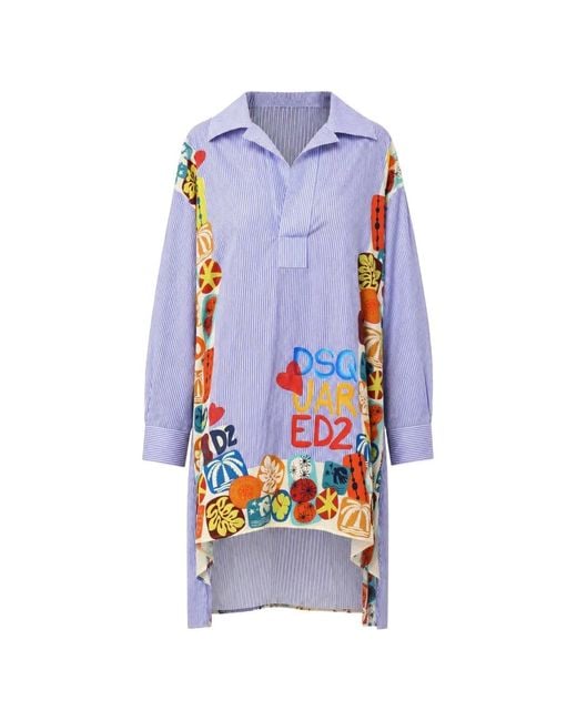 DSquared² Blue Striped Graphic-Print Mini Dress