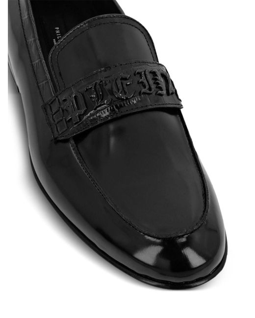 Philipp Plein Black Logo-plaque Leather Loafers for men