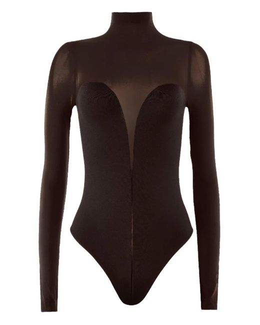 Wolford Brown Sheer-Panelled High-Neck Bodysuit