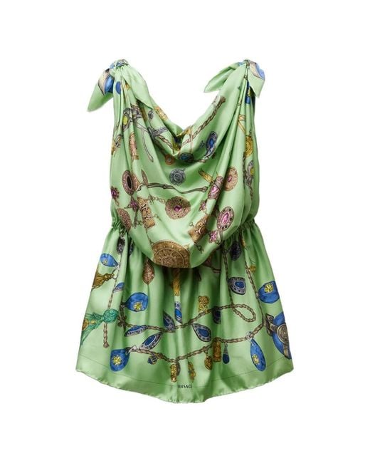 Versace Green Printed Silk Twill Mini Dress