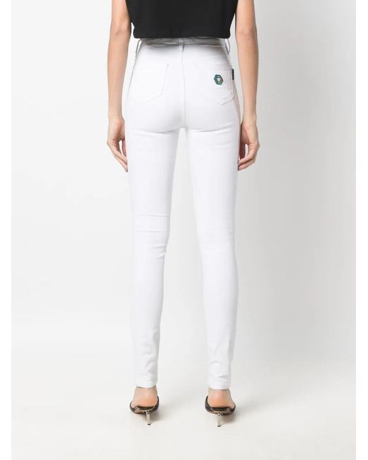 Philipp Plein White High-Waisted Biker Jeans