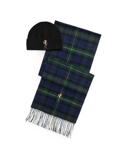 Polo Ralph Lauren Blue Polo Bear Tartan-Print Scarf And Beanie Hat Set for men