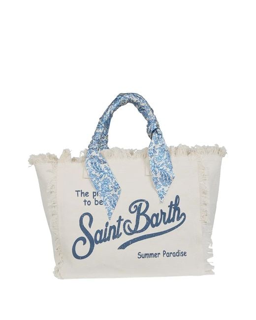 Mc2 Saint Barth Blue Vanity Logo-Print Frayed Tote Bag