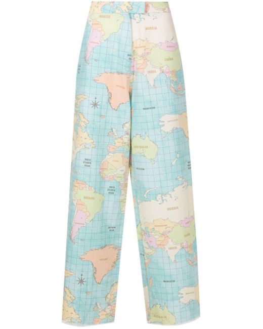Olympiah Blue World Map-print Cotton Wide-leg Trousers