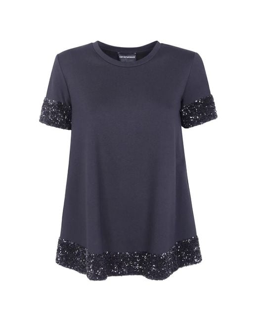 Emporio Armani Blue Short-Sleeved Viscose Jumper With Sequined Cuffs And Hem