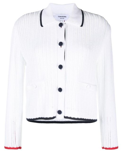 Thom Browne White Pointelle-knit Polo Cardigan