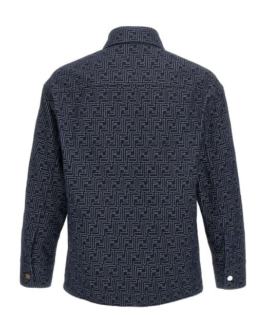 Fendi Blue Monogram-Pattern Shirt Jacket for men