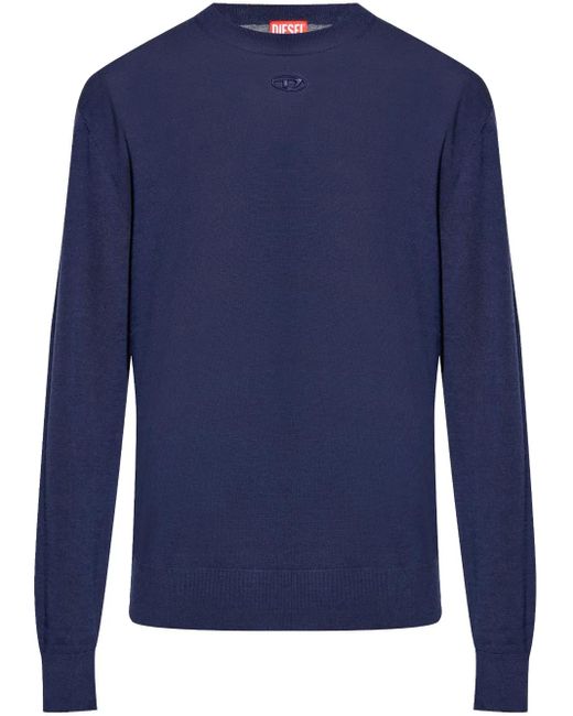 DIESEL Blue Crew Neck Knitwear With Subtle Logo Detail for men