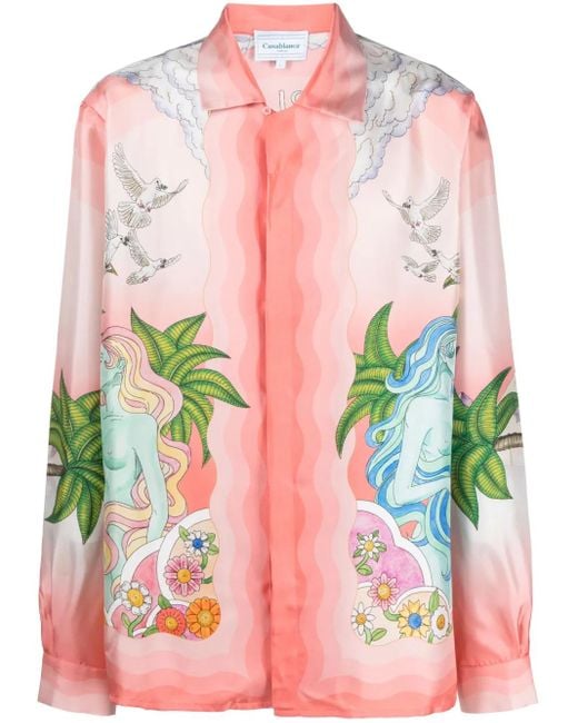 Casablanca Pink Paix Et Amour Tennis Club-Print Silk Shirt for men