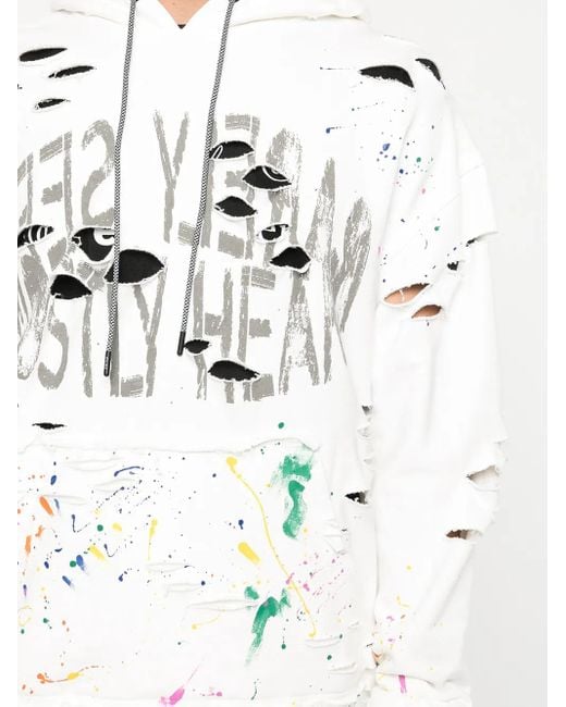 Mostly Heard Rarely Seen White Distressed Paint-Splattered Hoodie for men