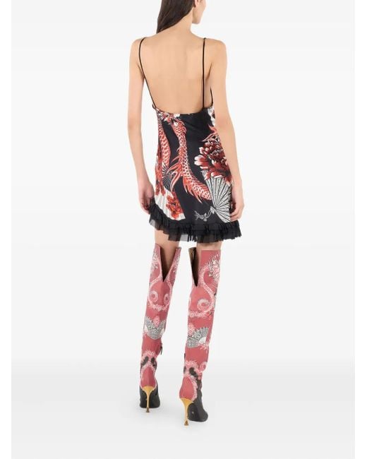 Roberto Cavalli Red Gerüschtes Minikleid Mit Drachen-Print