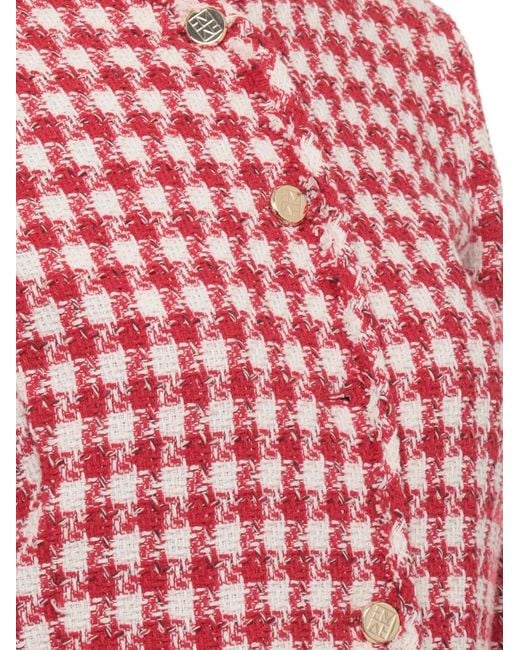 Emme Red Fringed-Trim Cropped Tweed Jacket