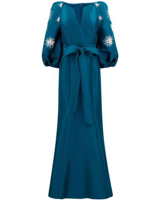 Badgley Mischka Blue Mikado Puff-sleeve Gown