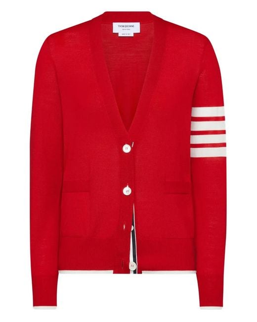 Thom Browne Red Merino Wool 4-Bar Relaxed Fit V-Neck Cardigan
