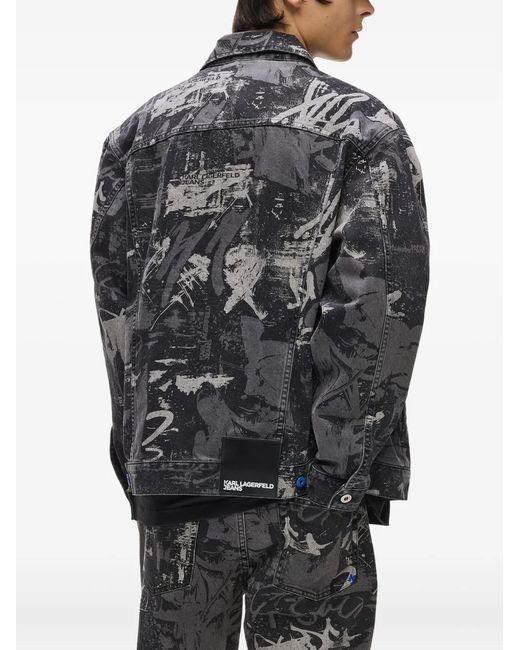 Karl Lagerfeld Gray Classic Denim Jacket With Abstract Graffiti Print for men