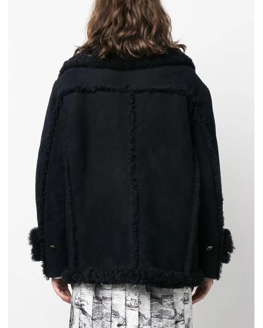 Thom Browne Black Double-Breasted Shearling Peacoat