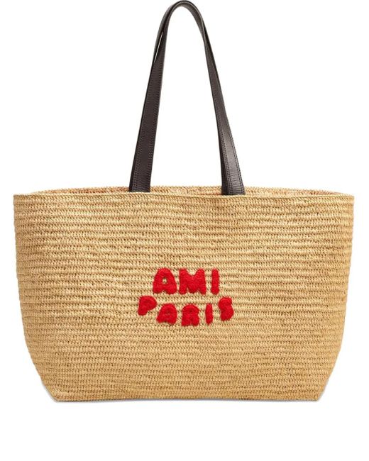 AMI Natural Logo-Embroidered Raffia Tote Bag