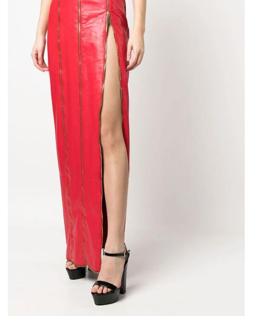 Jean Louis Sabaji Red Zip-Detail Faux Leather Maxi Dress