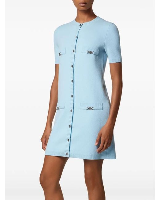 Versace Blue Wool-Cashmere Knit Shirt Dress