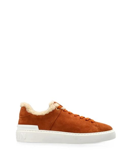 Balmain Brown B-Court Shearling-Trim Sneakers