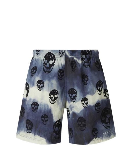 McQueen Blue Skull-Print Tie-Dye Swim Shorts for men