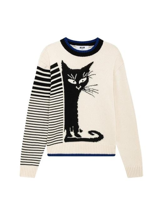 MSGM White Pullover Mit Katzen-Intarsie
