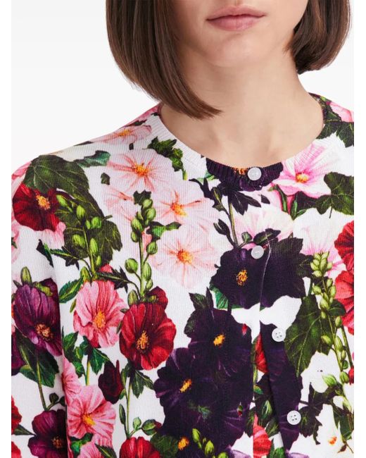 Oscar de la Renta Red Hollyhocks Floral-Print Cardigan