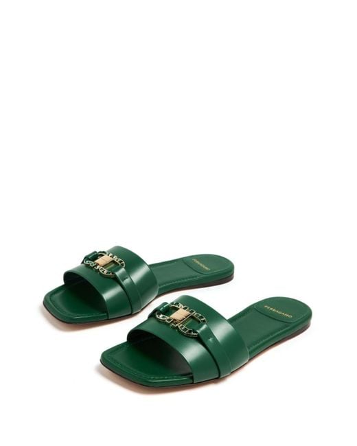 Ferragamo Green Leah Leather Slides