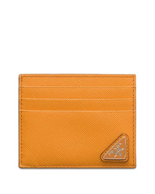 Prada Orange Triangle-Logo Leather Card Holder for men