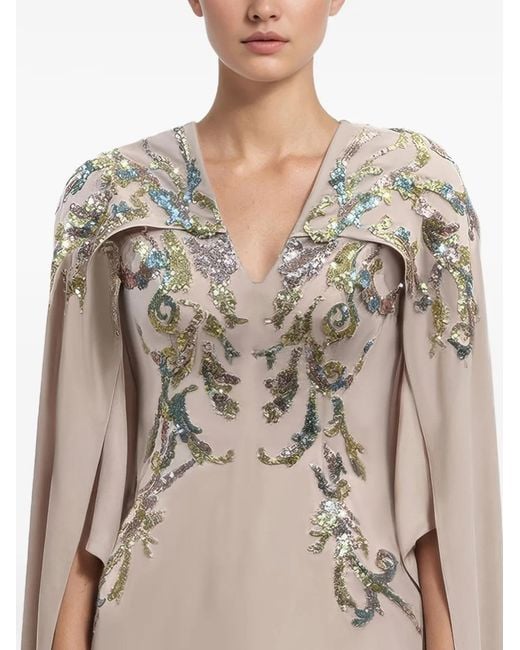 Saiid Kobeisy Natural Embellished-Front Cape Dress