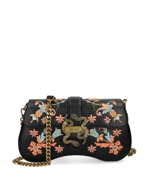 Just Cavalli Black Sac À Fleurs Brodées À Détail De Serpent