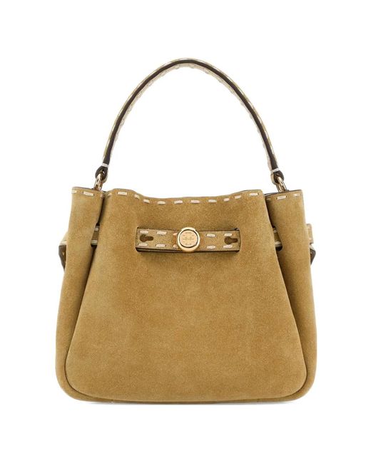 Tory Burch Metallic Mini Romy Contrast-Stitch Suede Bucket Bag