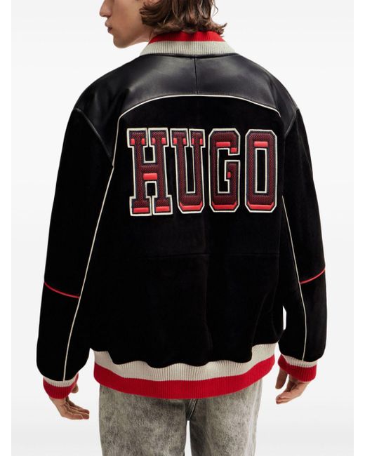 HUGO Black Logo-embellished Leather Bomber Jacket for men