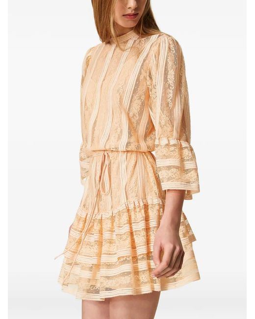 Twinset White Mini Striped Lace Dress