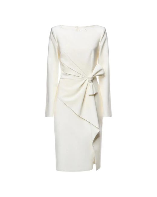 Genny White Side-Bow Draped Midi Dress