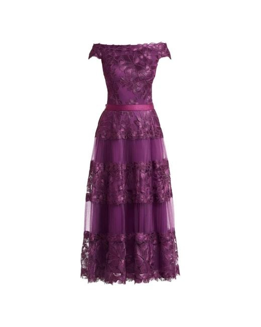 Tadashi Shoji Purple Adriane Floral-Embroidered Midi Dress