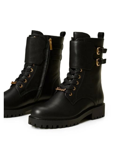 Twinset Black Leather Combat Boots With Straps