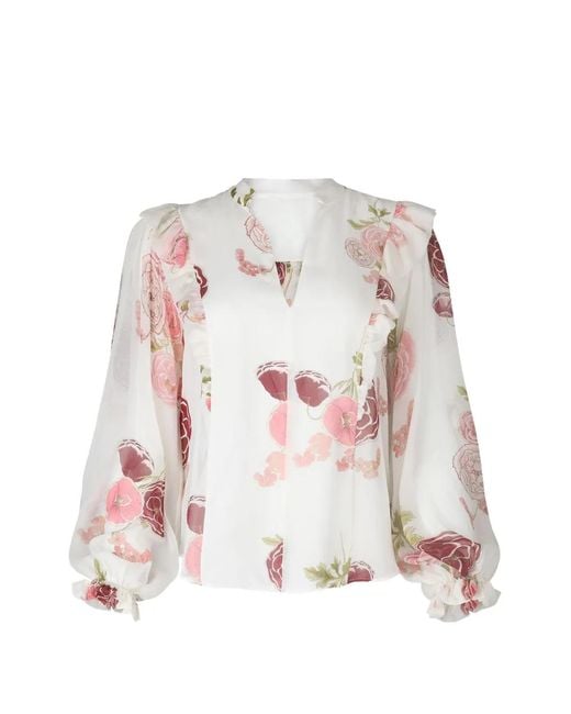 Giambattista Valli White Ruffled-Detail Floral-Print Blouse