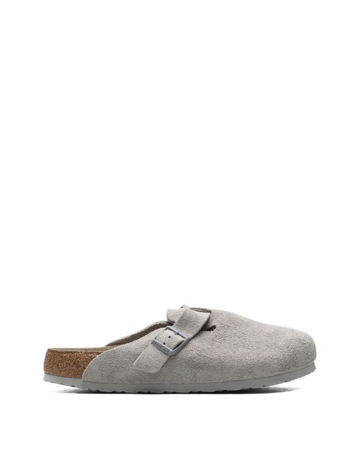 Birkenstock White Boston Soft Footbed Suede Slippers