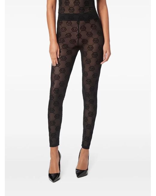 Philipp Plein Gray Monogram-Pattern Tulle Leggings