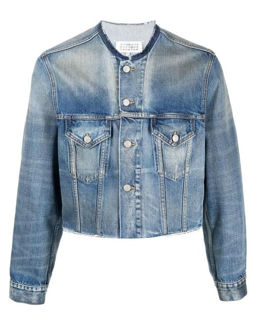 Maison Margiela Blue Collarless Cropped Denim Jacket for men