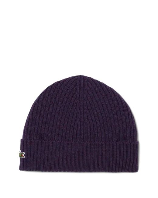 Lacoste Blue Ribbed Logo-Patch Beanie for men