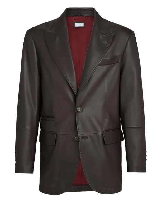 Brunello Cucinelli Black Peak-Lapels Leather Blazer for men