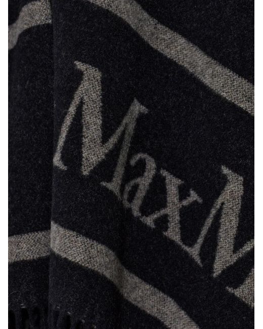 Max Mara Black Hilde Logo-Intarsia Fringed-Edge Poncho
