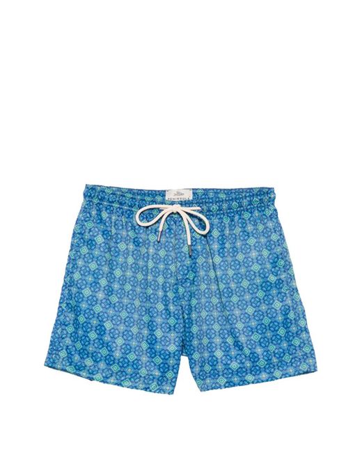 Peninsula Blue Geometric-Print Drawstring Swim Shorts for men