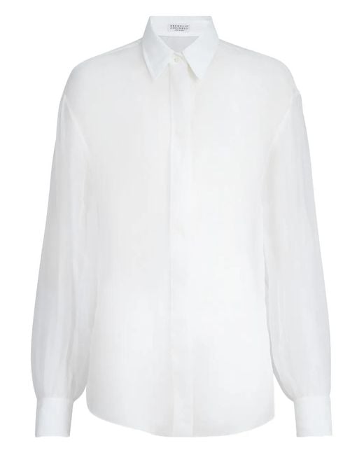 Brunello Cucinelli White Monili-Detail Silk Shirt