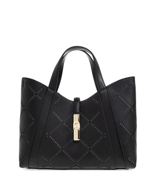 Furla Black Goccia Laser-Cut Top Handle Small Tote Bag