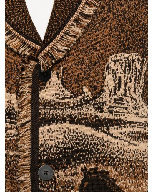 Alanui Brown Landscape-Pattern Fringed Jacket for men