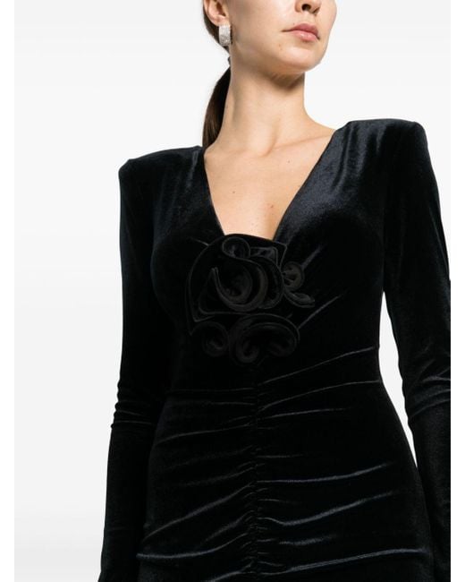 Nissa Black Floral-detail Velvet Maxi Dress